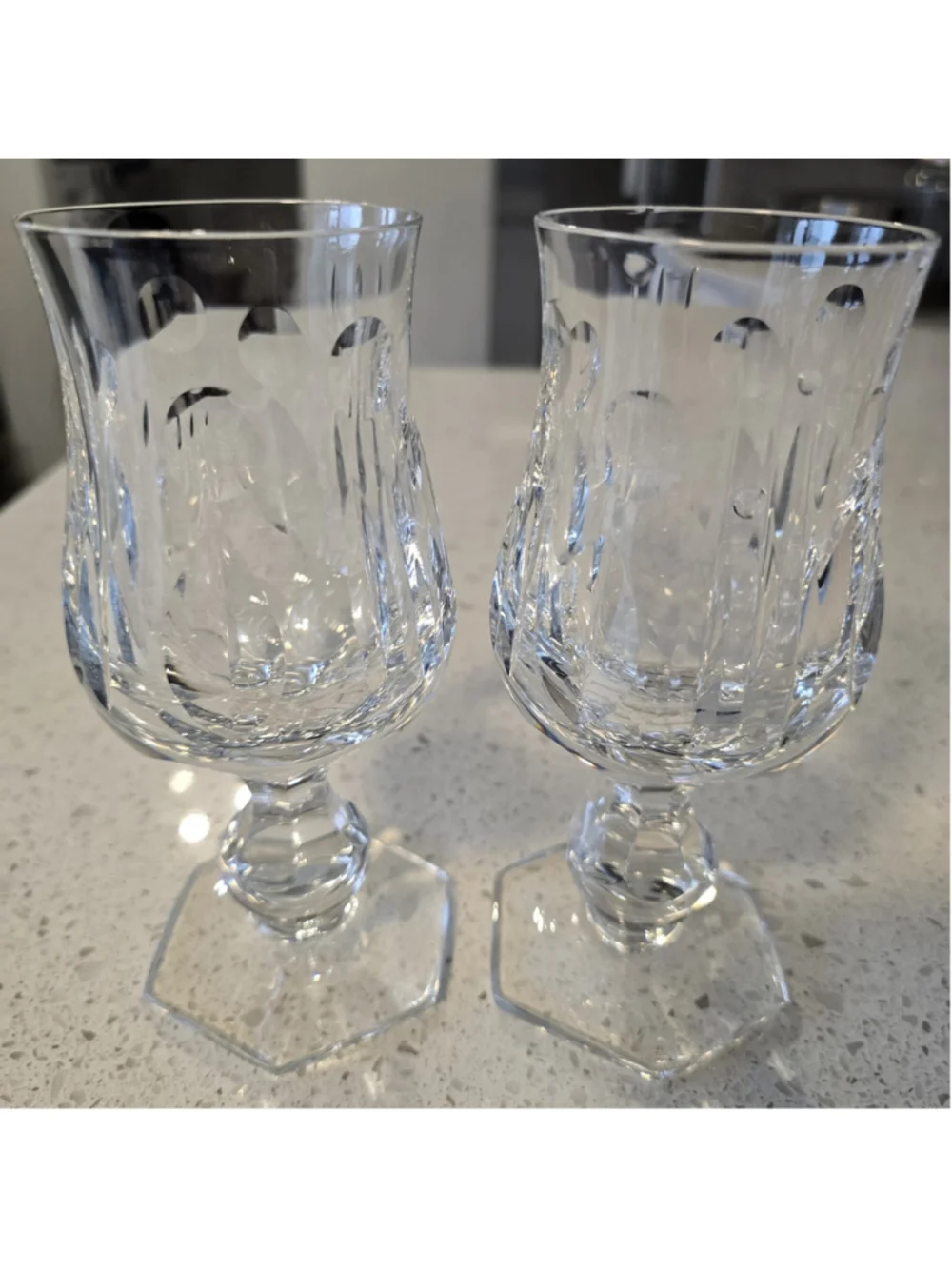 Vintage Mozart Heavy Cut Crystal Cordial Hexagonal Base Faceted Goblets 2 pc Set